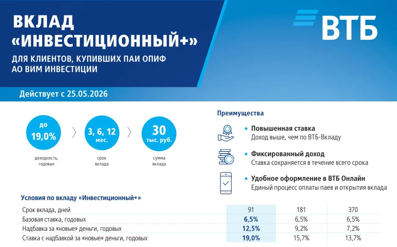 🏦 До 19% по вкладу ВТБ Инвестиционный+   ⚡️ Разбираем любопытное предложение от ВТБ – при покупке па