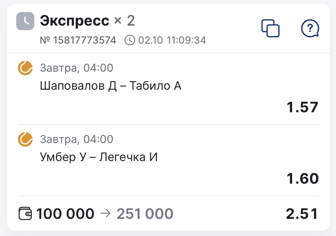 БЕСПЛАТНЫЙ ДВОЙНИК НА ТЕННИС С КФ 2.51🔥