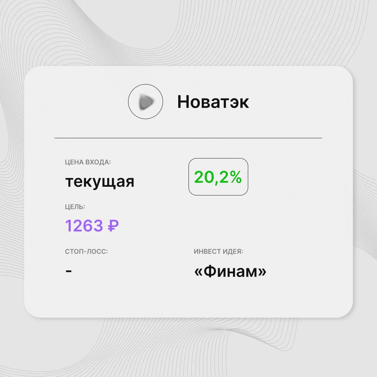 Инвест-идея по акциям «НОВАТЭКа»

Инвест-идея от: «Финам»
Цена входа: текущая
Стоп-лосс: –
Цель: 126