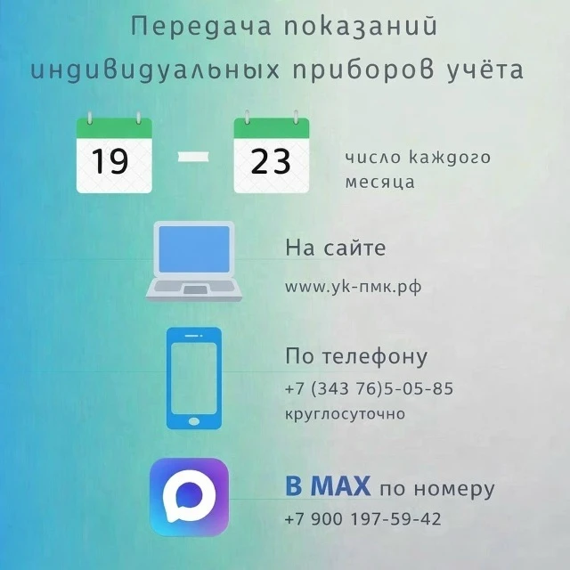 Уважаемые жители! Напоминаем Вам о необходимости передачи показаний индивидуальных приборов учета.
