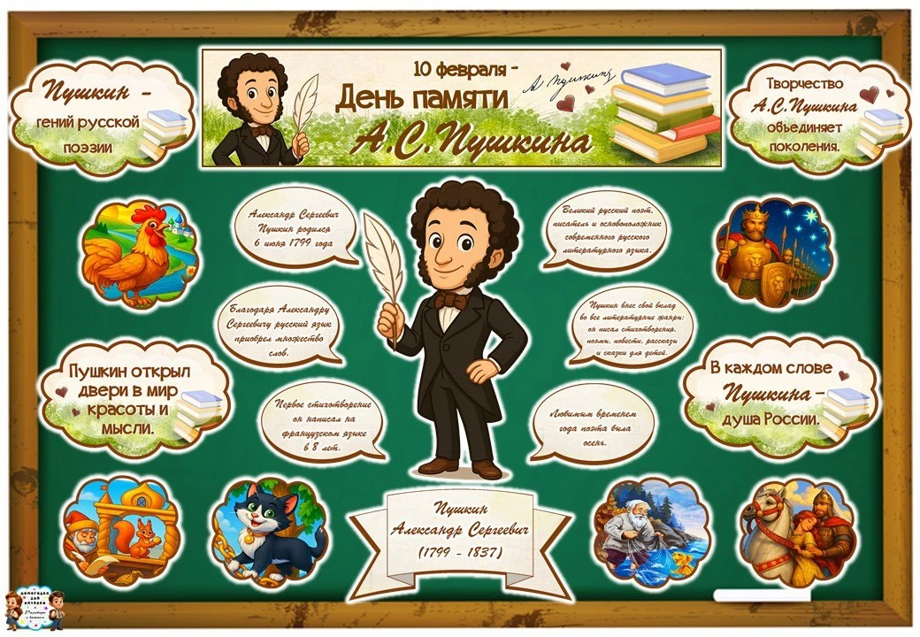 🆕 Оформление доски «День памяти А.С.Пушкина» (10 февраля)❤  ✅ Баннер на 3 листа А4, материалы и карт