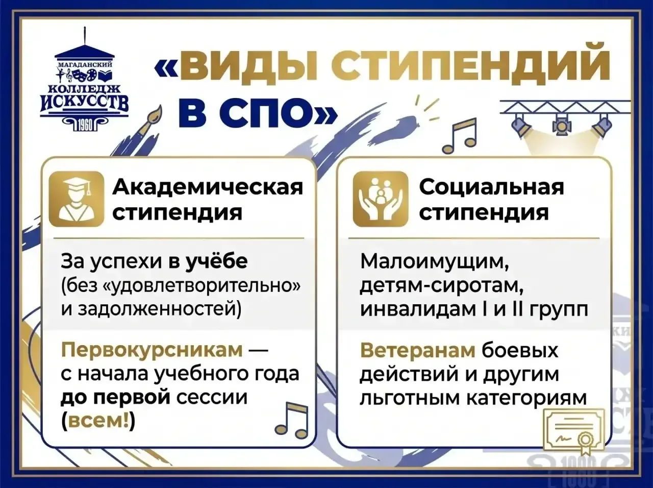 Какие стипендии можно получать в Магаданском колледже искусств?