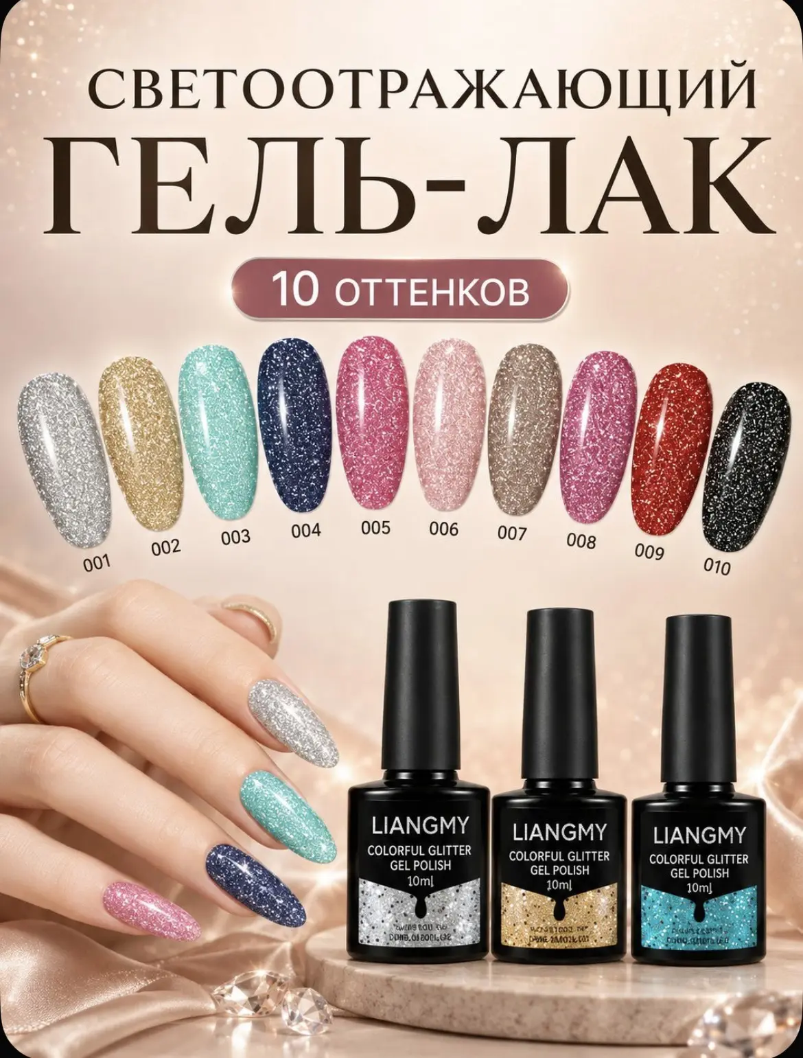 Набор гель-лаков BEULSKY с эффектом алмазной крошки, 10 цветов по 10 мл, блестящий гель...