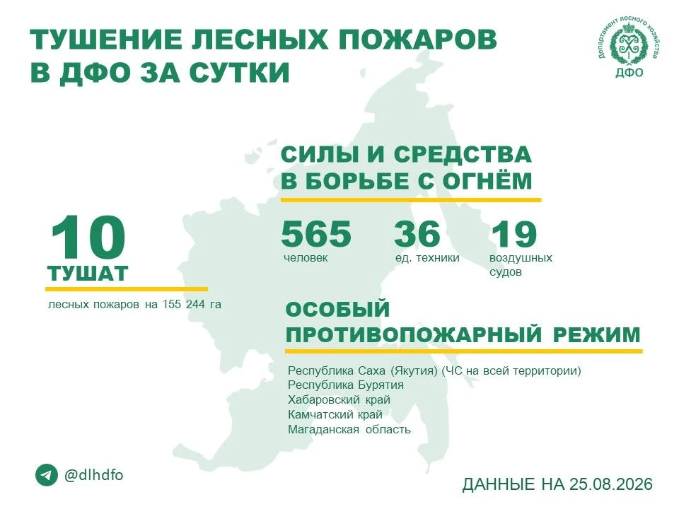 🧑‍🚒За прошедшие сутки в регионах ДФО продолжается тушение 10 лесных пожаров.