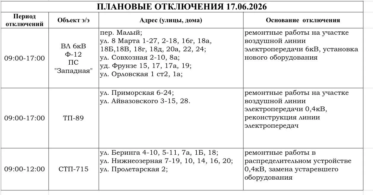 💡 Уважаемые потребители!
Информируем вас о плановых отключениях электроэнергии
