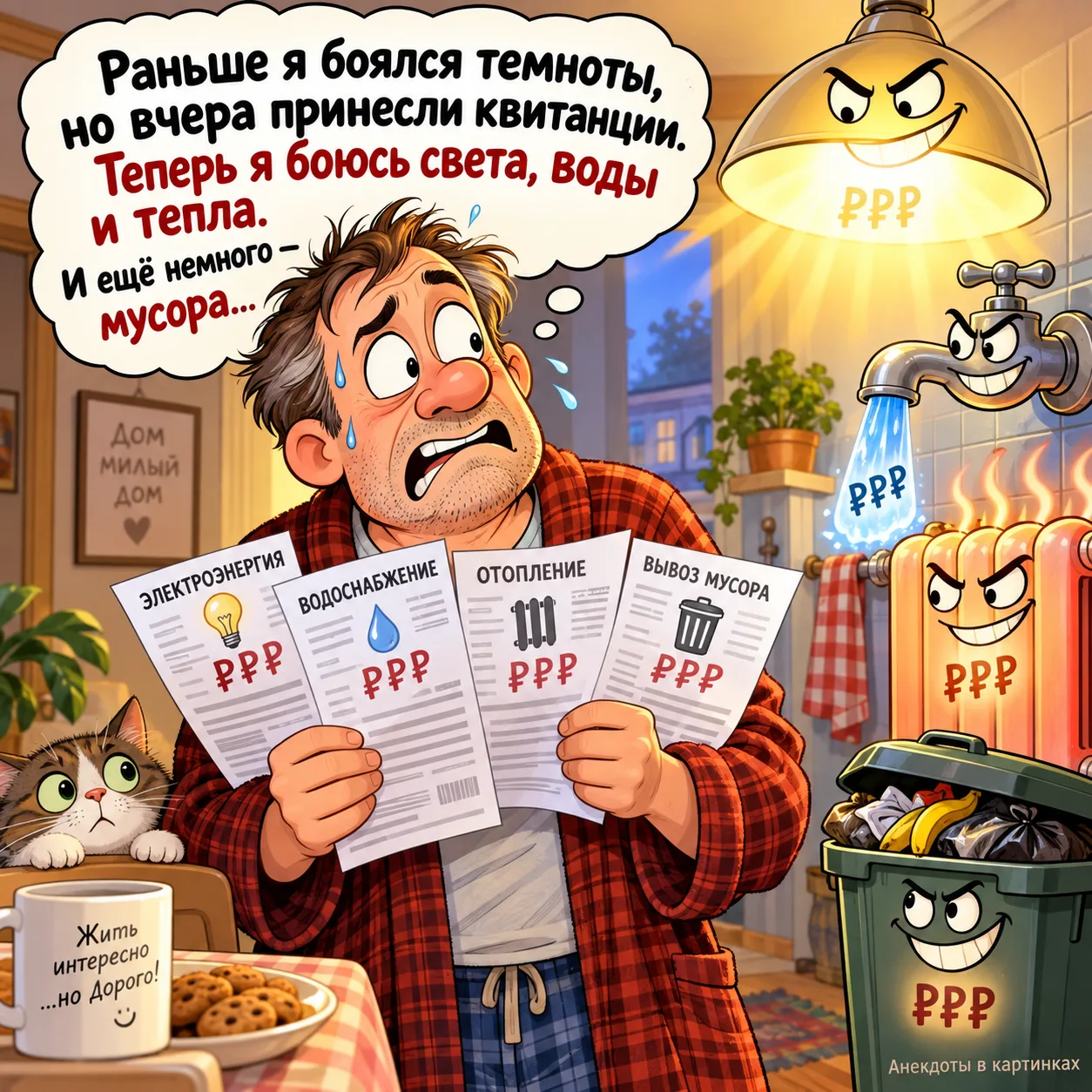 Раньше я боялся темноты, но вчера принесли квитанции. Теперь я боюсь света, воды и тепл...