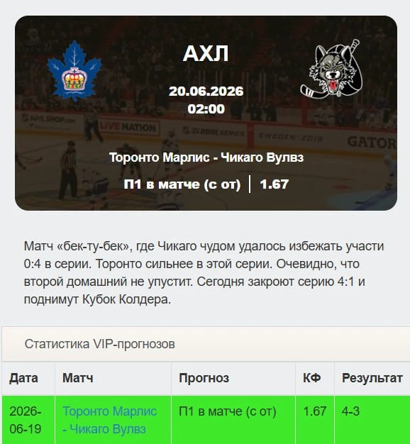 ✅✅✅✅✅✅✅✅✅✅✅✅

VIP-ПРОГНОЗ ПОБЕДА

Торонто - чемпион АХЛ. Сомнений в этом уже не было, с победой! 

П