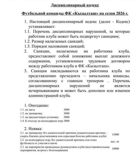 Перед вами дисциплинарный кодекс крымской футбольной команды «Кызылташ». Вместе со штра...