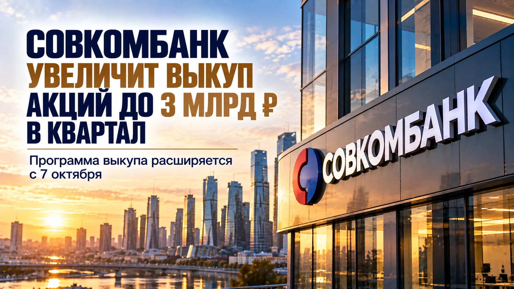 Совкомбанк увеличит объем выкупа акций до 3 млрд рублей в квартал