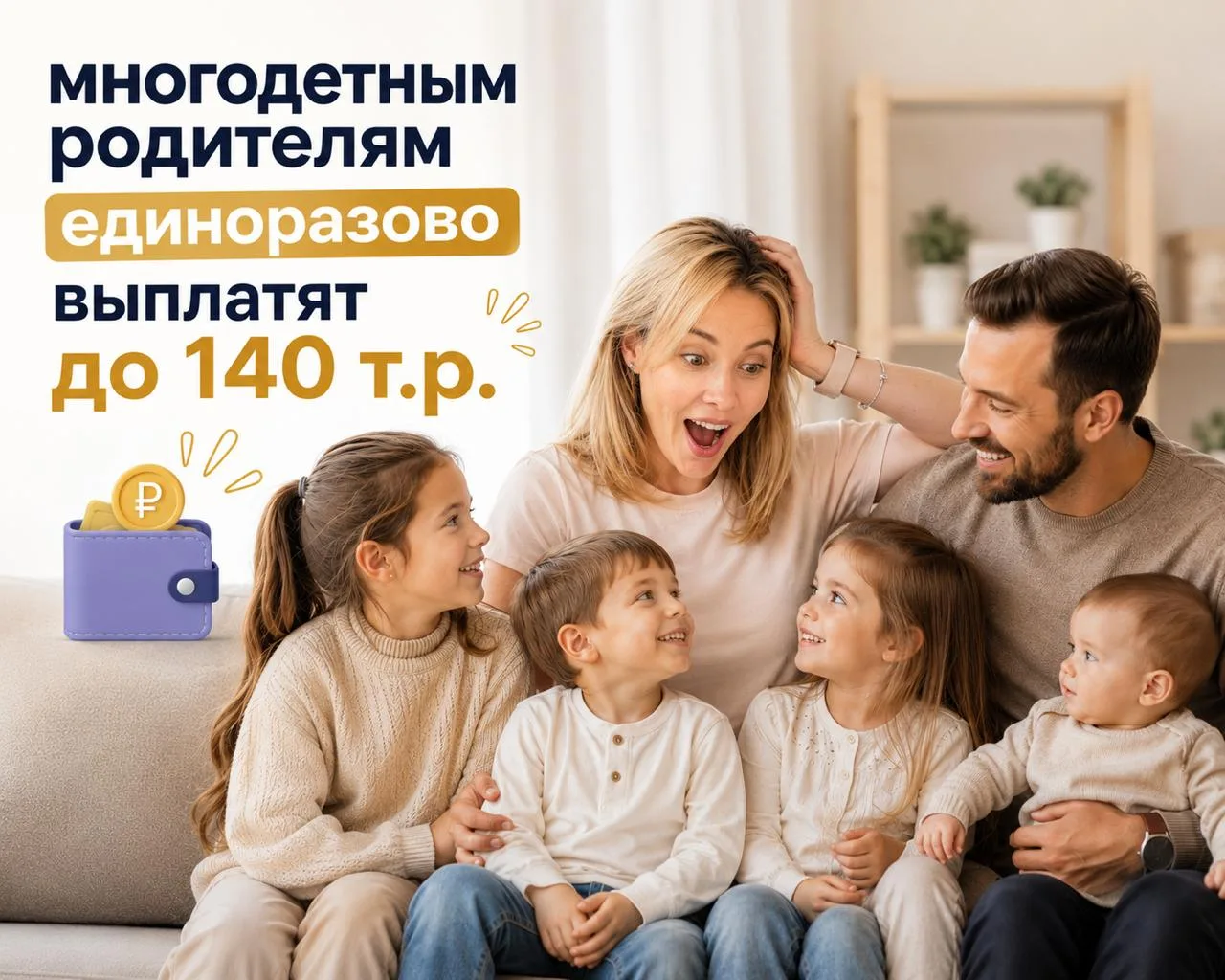 Многодетным родителям единоразово выплатят до 140 тыс.р.