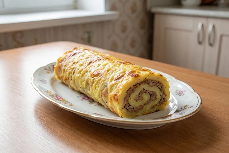 Картофельная запеканка в виде рулета — Сытный картофельный рулет с мясным фаршем и сырной корочкой. 