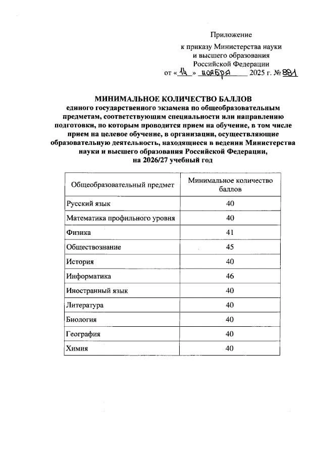 Минобрнауки утвердило минимальные баллы ЕГЭ для поступления в вузы в 2026 году