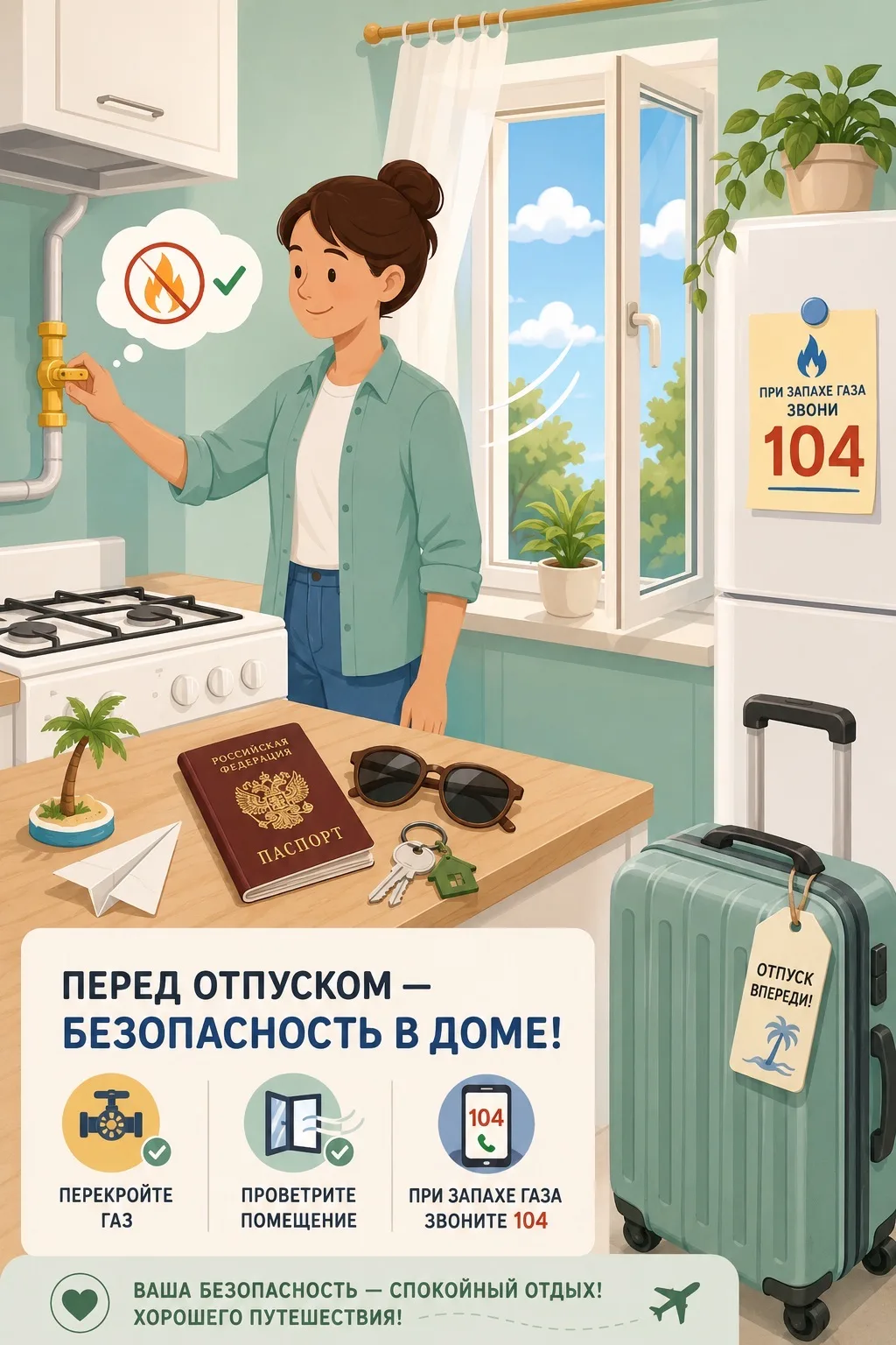 ☀️ Уезжаете в отпуск? Не забудьте о газовой безопасности!

Лето — время дач и путешествий. Чтобы вер