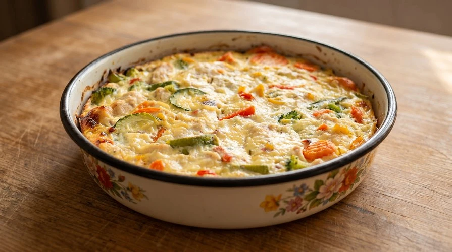 Бюджетная запеканка с курицей и овощами — Сочная, сытная запеканка с курицей, кабачком и помидорами 