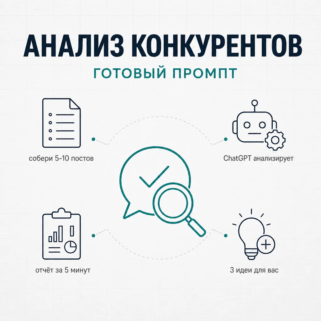 🧠 Готовый промпт: анализ конкурентов из соцсетей за 5 минут  Соберите 5–10 постов конкурента. Вставь