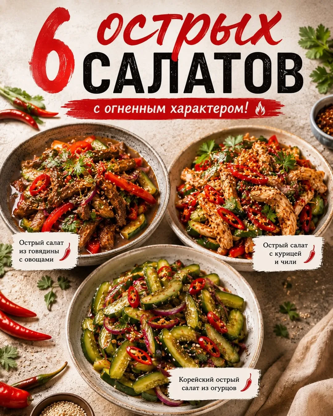 🌶 ТОП-6 ОСТРЫХ САЛАТОВ, КОТОРЫЕ ТОЧНО ЗАХОЧЕТСЯ ПОВТОРИТЬ 🔥

Сочные, яркие, пикантные и невероятно
