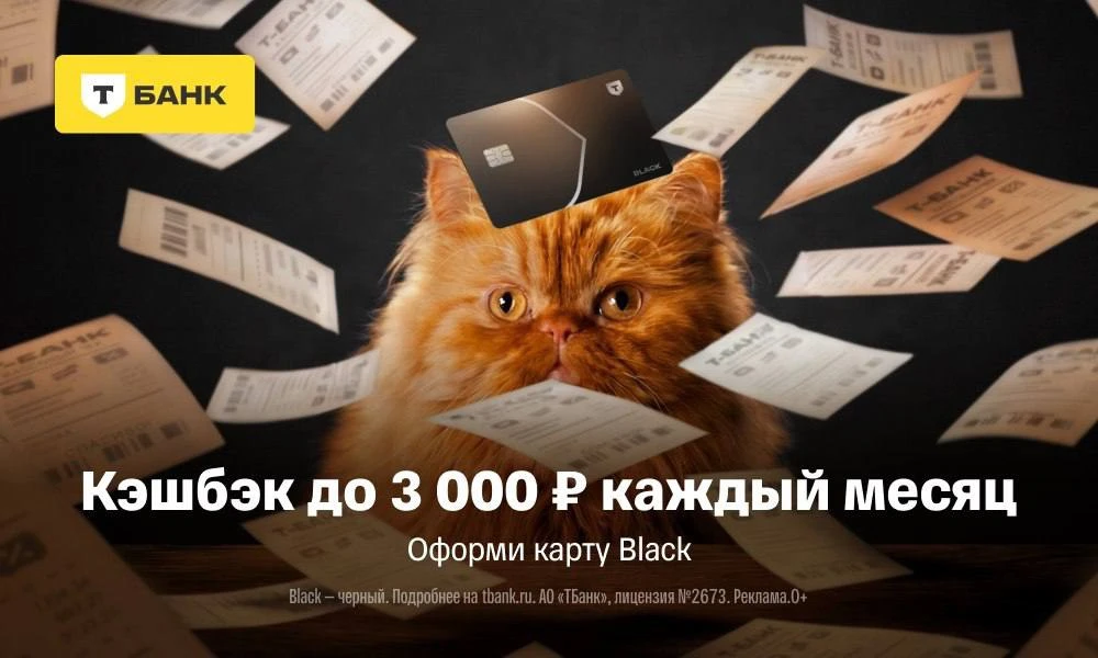 Получайте до 3000 ₽ кэшбэка каждый месяц с дебетовой картой Black от Т-Банка.
