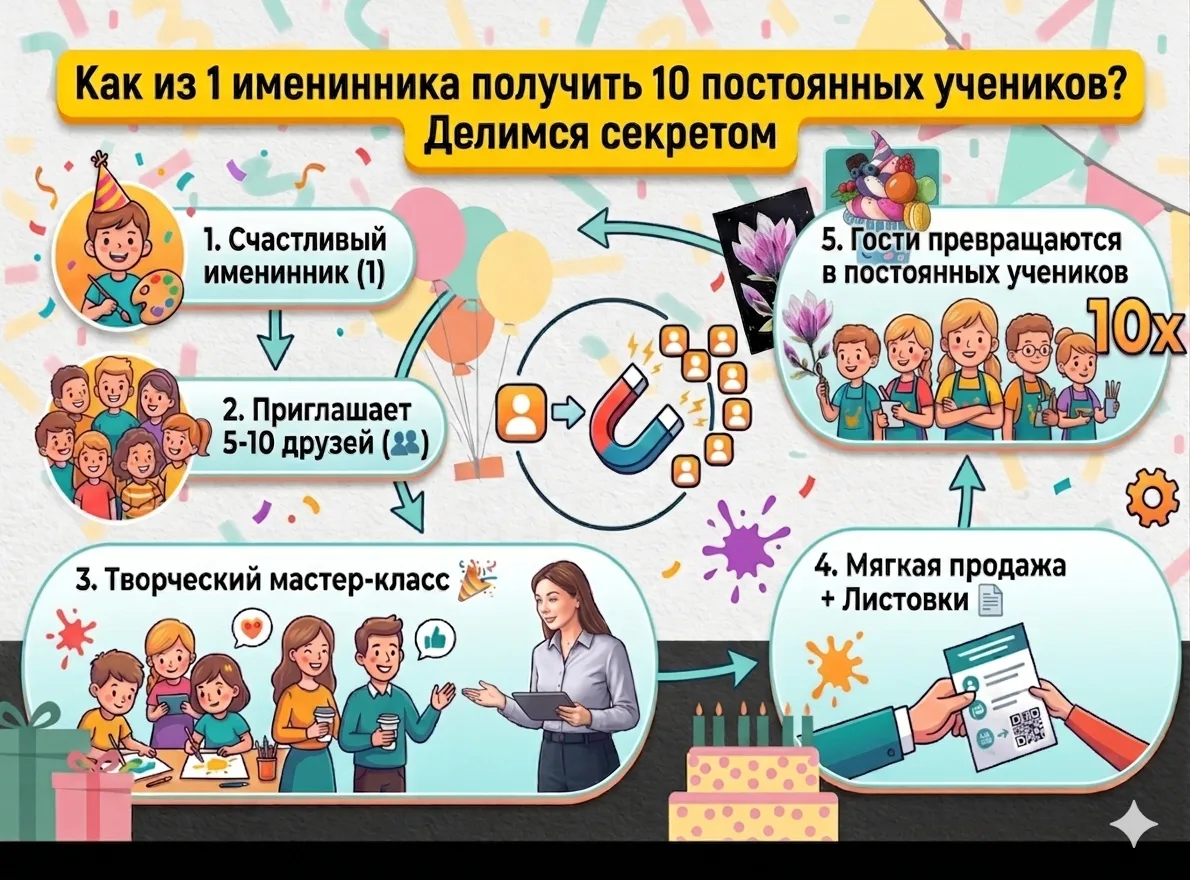 Как из 1 именинника получить 10 постоянных учеников?  Делимся секретом ⤵️    Спойлер: вам не придетс