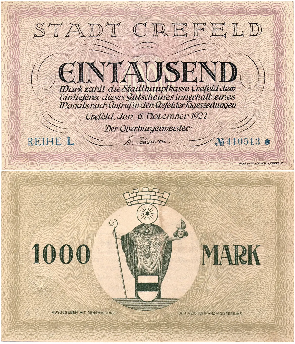 🇩🇪 1000 марок Stadt Crefeld 1922