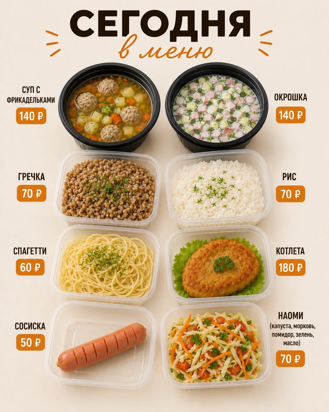 Сегодня в меню — всё для вкусного и сытного обеда 🍲

Выбирайте суп, любимый гарнир, котлету или сос