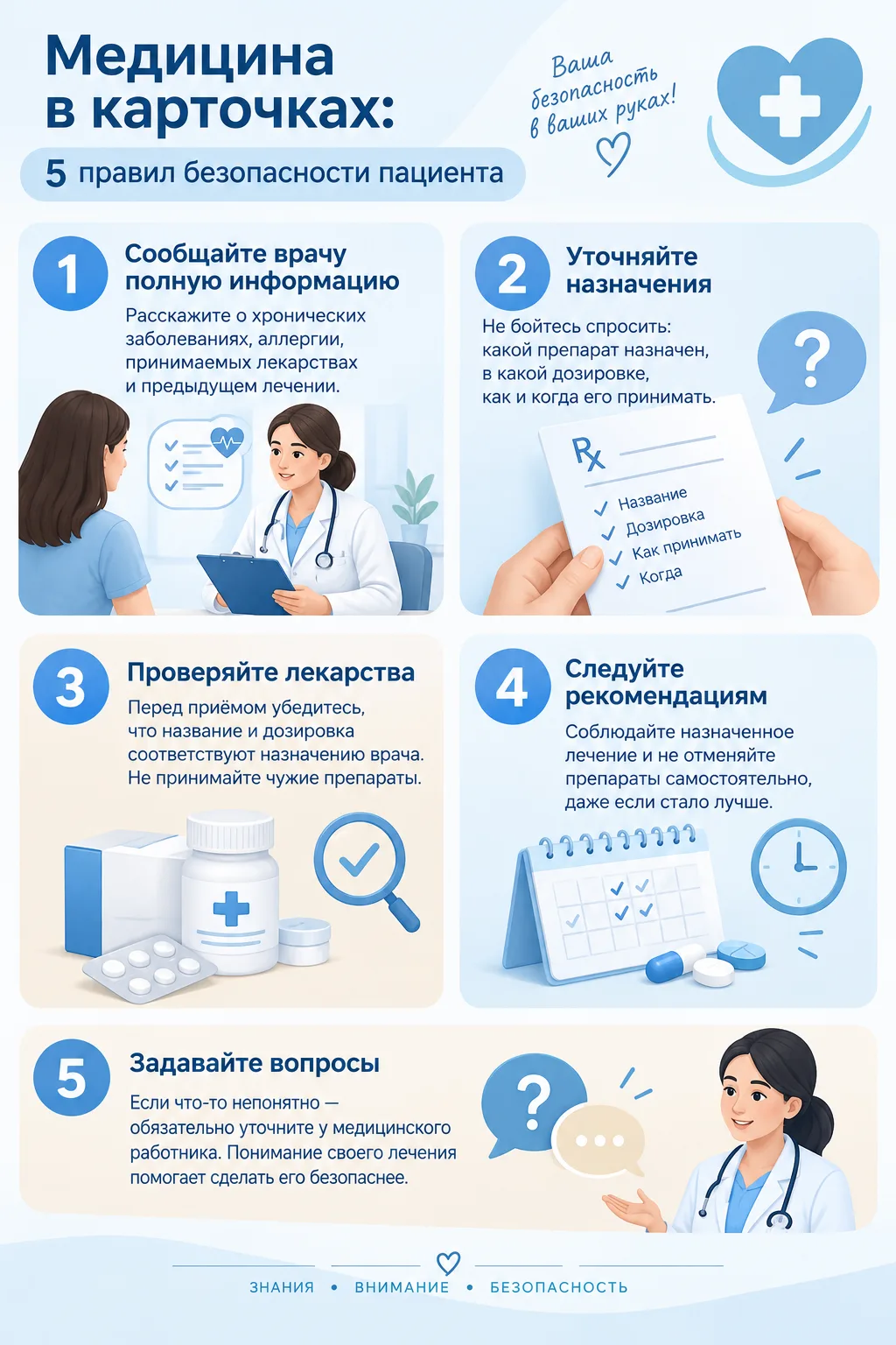 🏥 Медицина в карточках: 5 правил безопасности пациента
