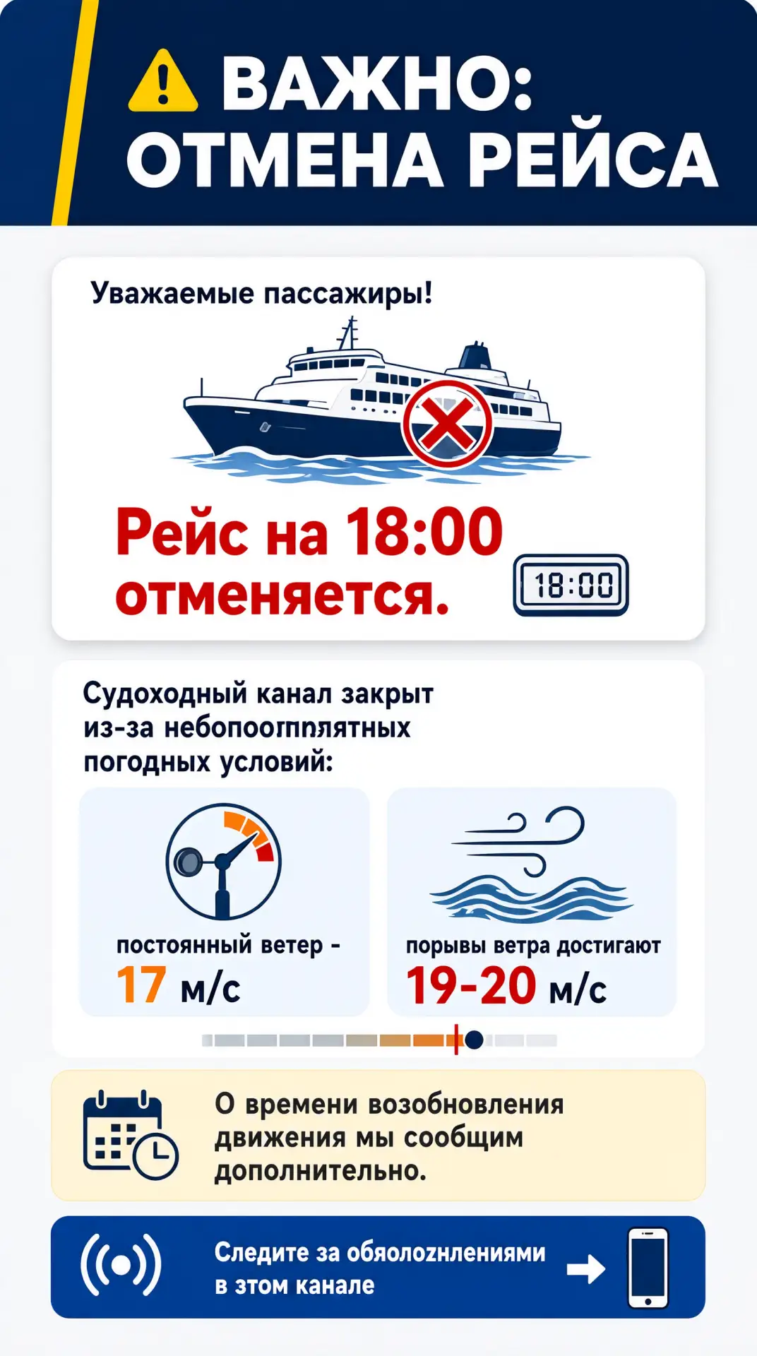 ⚠️ ВАЖНО: ОТМЕНА РЕЙСА 
Уважаемые пассажиры! 
Рейс на 18:00 отменяется. 
Судоходный канал закрыт из-