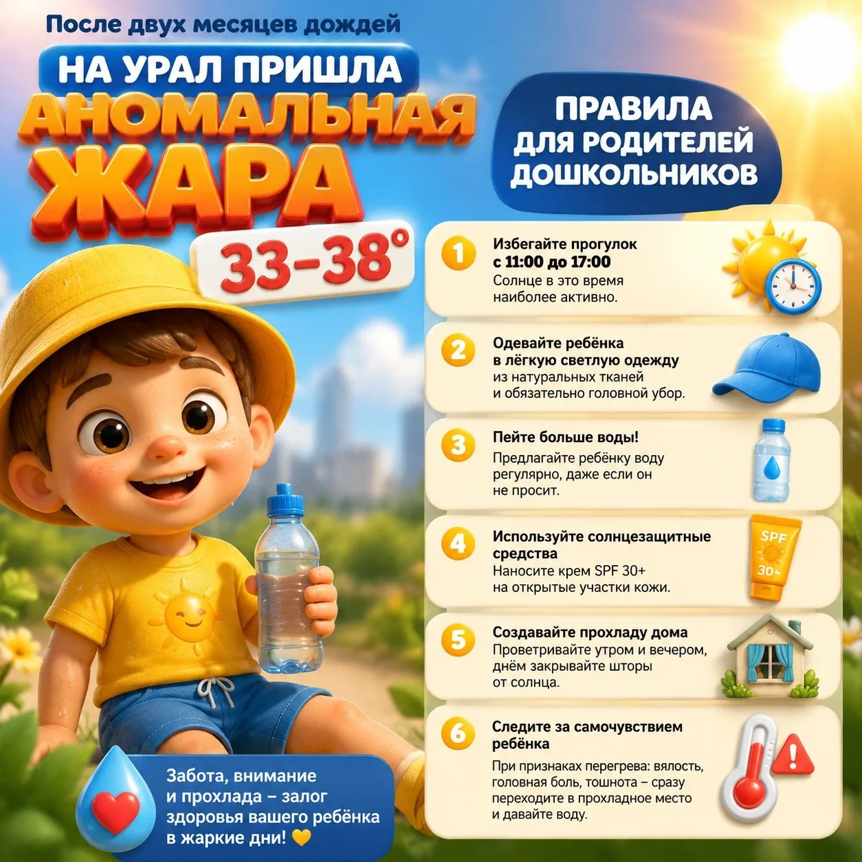 Уважаемые родители! В связи с аномальной жарой просим вас быть особенно внимательными к самочувствию