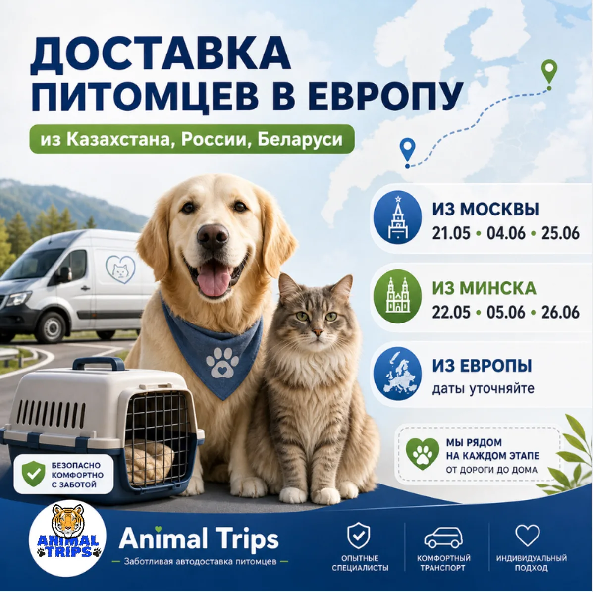 🚐 Доставка питомцев в Европу из Казахстана, России и Беларуси

Планируете перевезти собаку или кошк