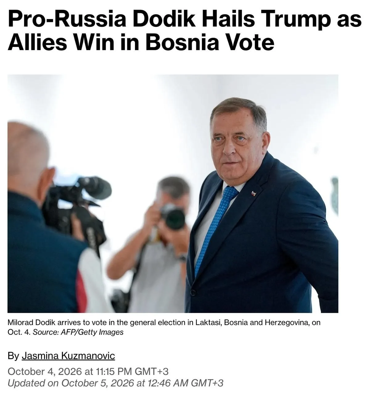 По информации от Bloomberg, лидер боснийских сербов Милорад Додик, поддерживающий Путин...