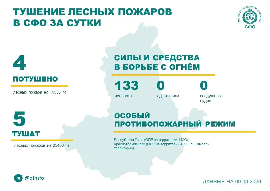 🟢За прошедшие сутки в 1регионе Сибирского федерального округа потушили 4 лесных пожара.