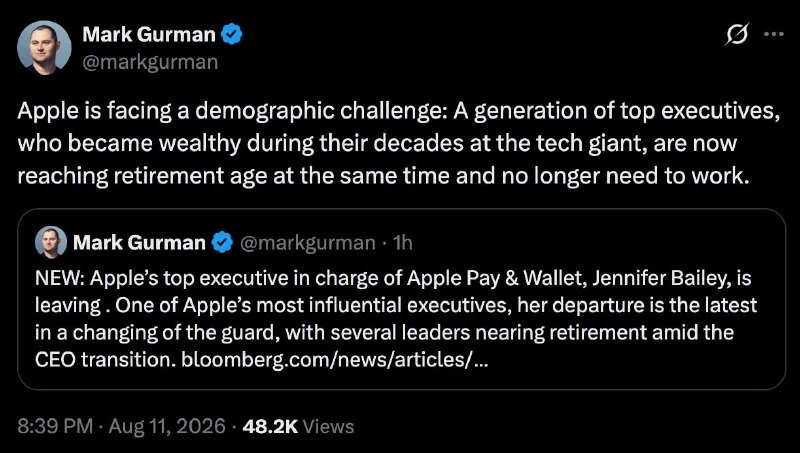 У Apple «демографический кризис»: почти весь топ-менеджмент компании подошел к пенсионн...