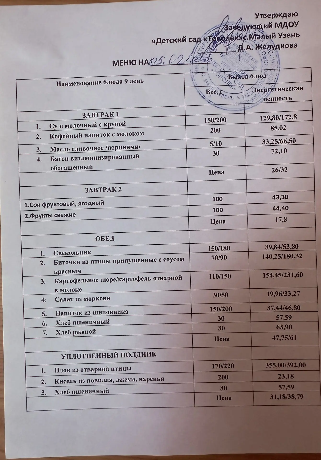 Меню на 05.02.2026г