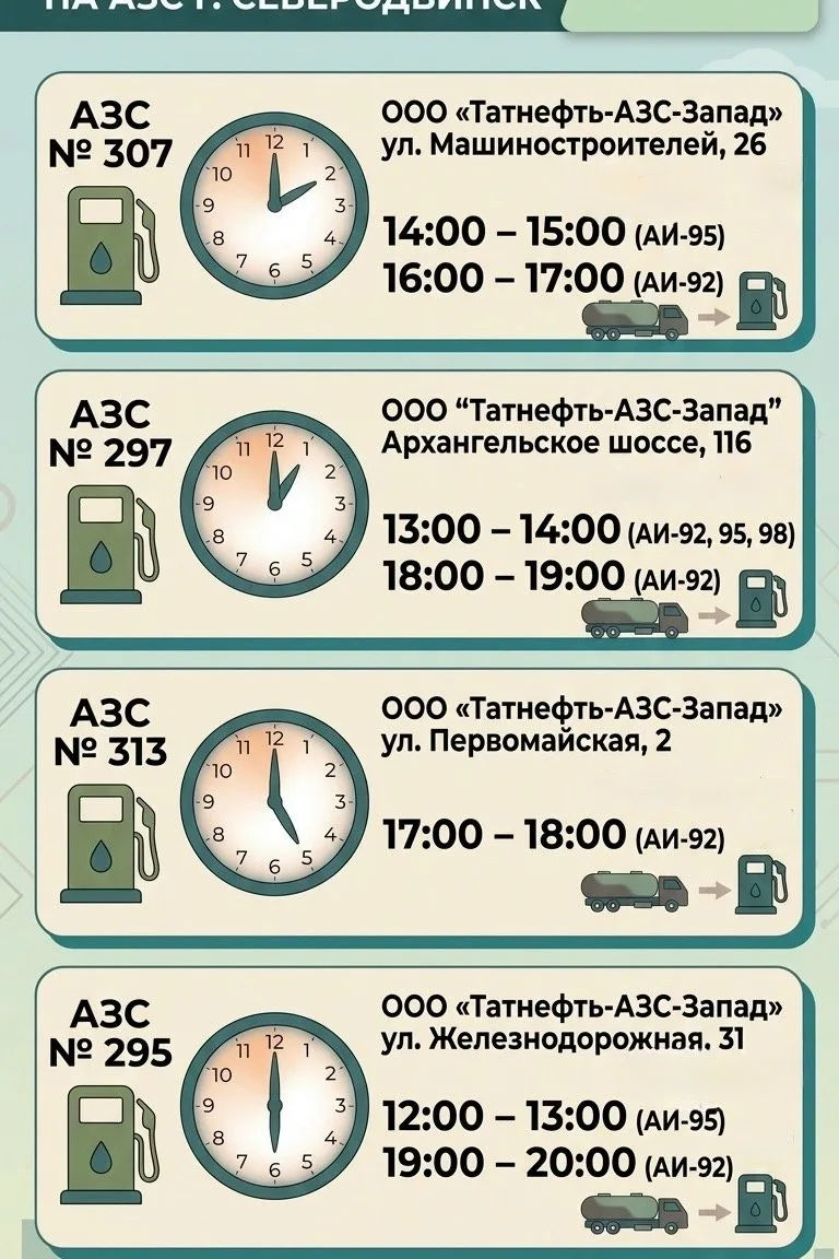 Информация о наличии топлива на АЗС Северодвинска по состоянию на 09:30