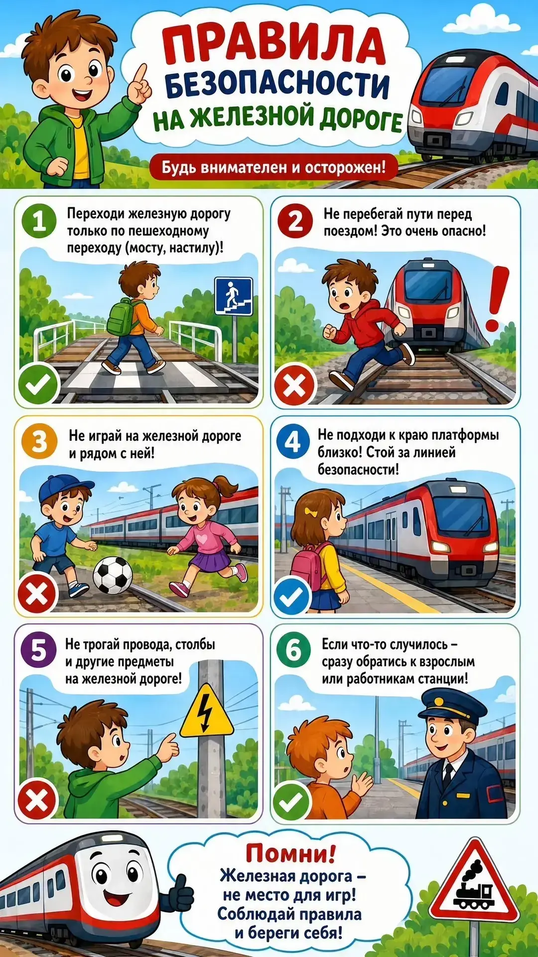 🚉Железная дорога — зона повышенной опасности!

✅ Переходи пути только в отведённых местах — по мост