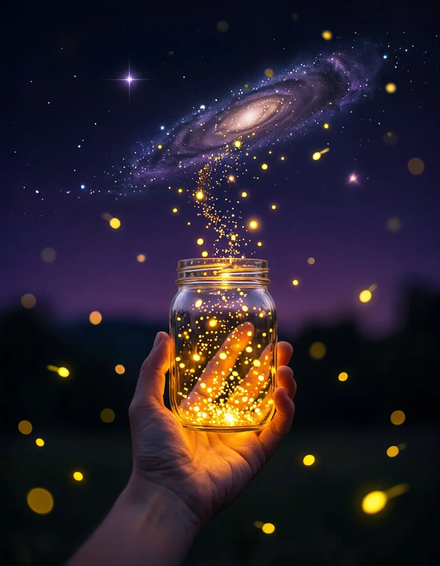 Fantasy art style, a hand reaching out to a starry night sky, holding a mason jar full ...