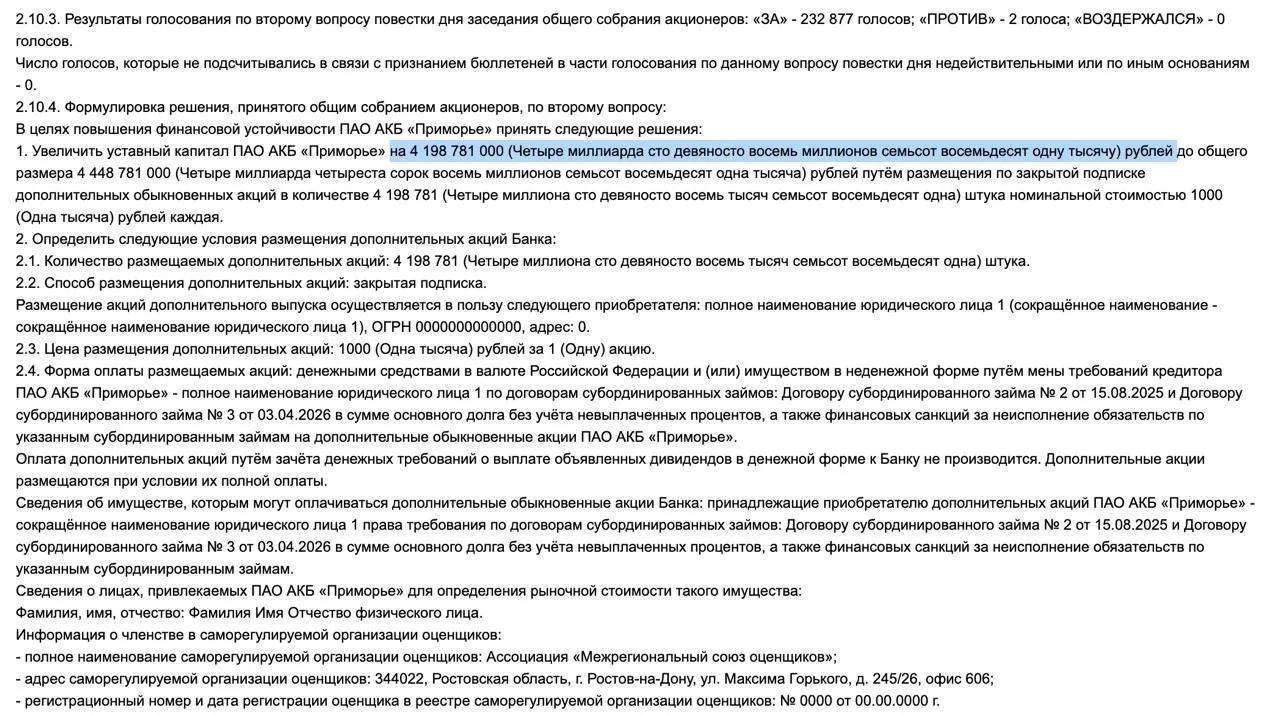 🔹 Банк Приморье готовит допэмиссию