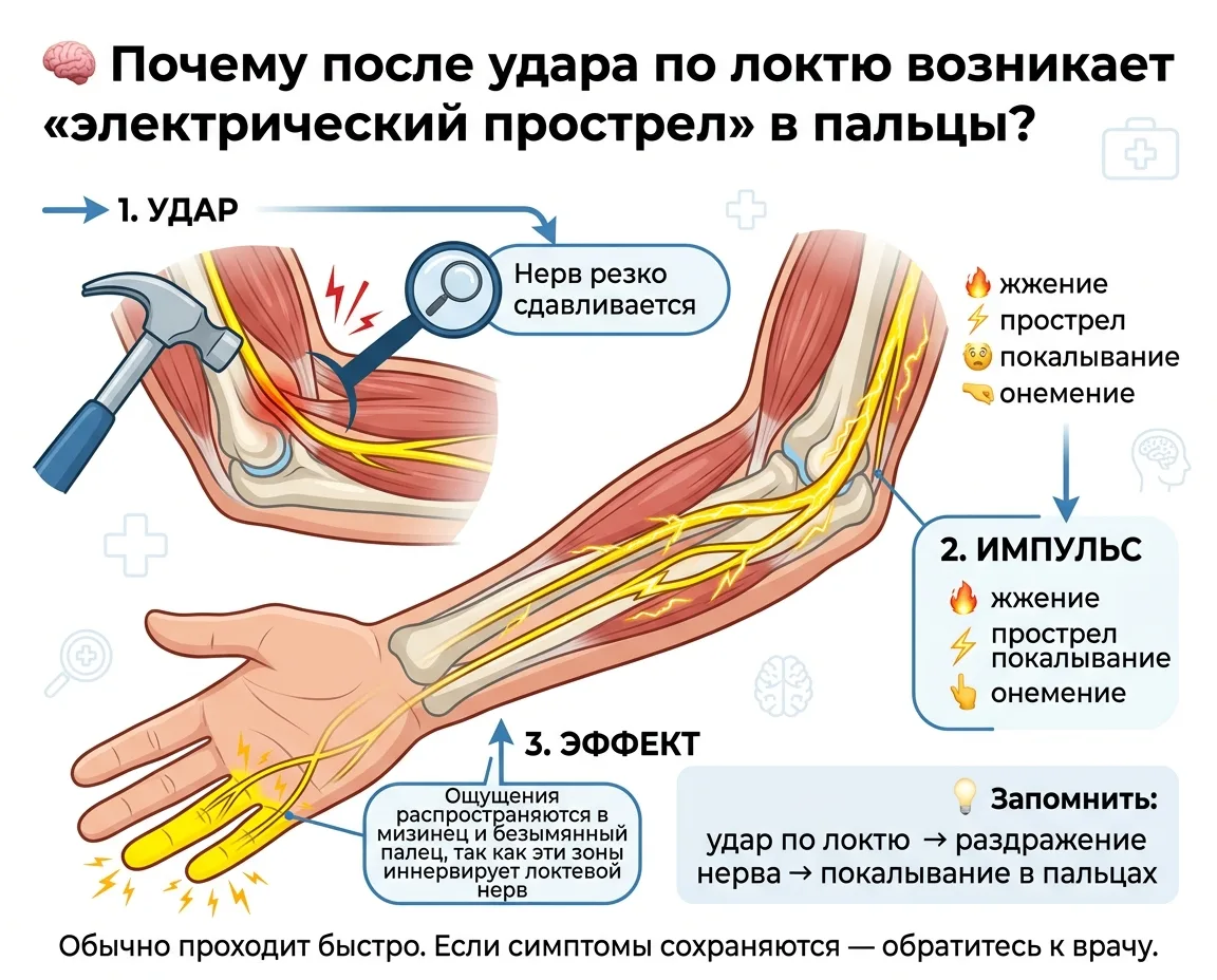 ⚡ Почему после удара по локтю «бьёт током» в пальцы?