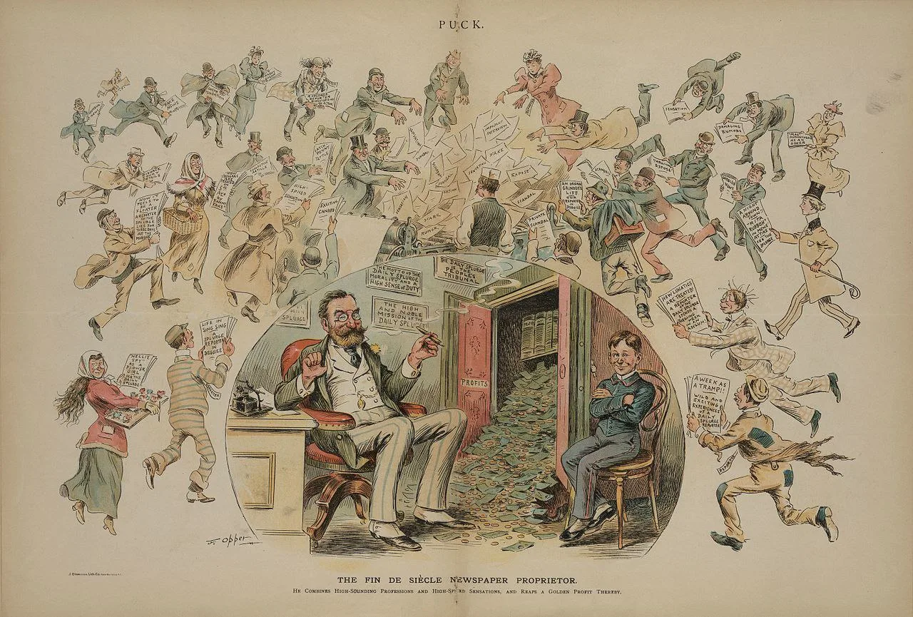 Эта карикатура 1894 года высмеивает рост сенсационности в журналистике. На ней, предположительно, из