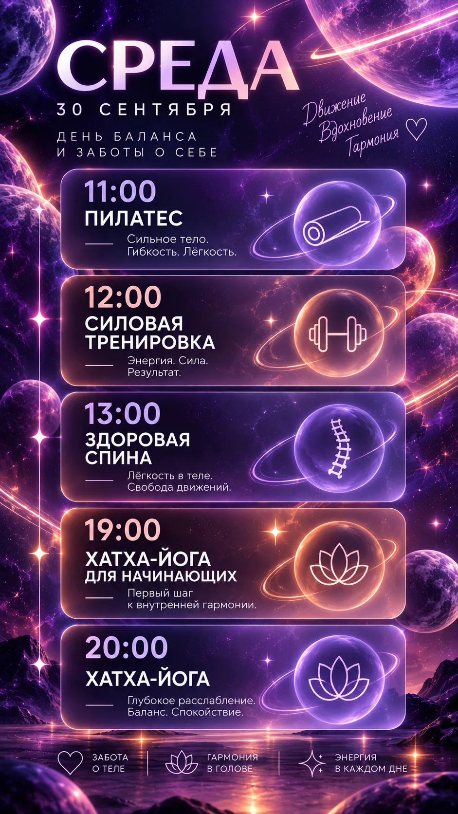 Завтра среда! 💜Будет пилатес, силовая тренировка, здоровая спина, и хатха-йога для эне...