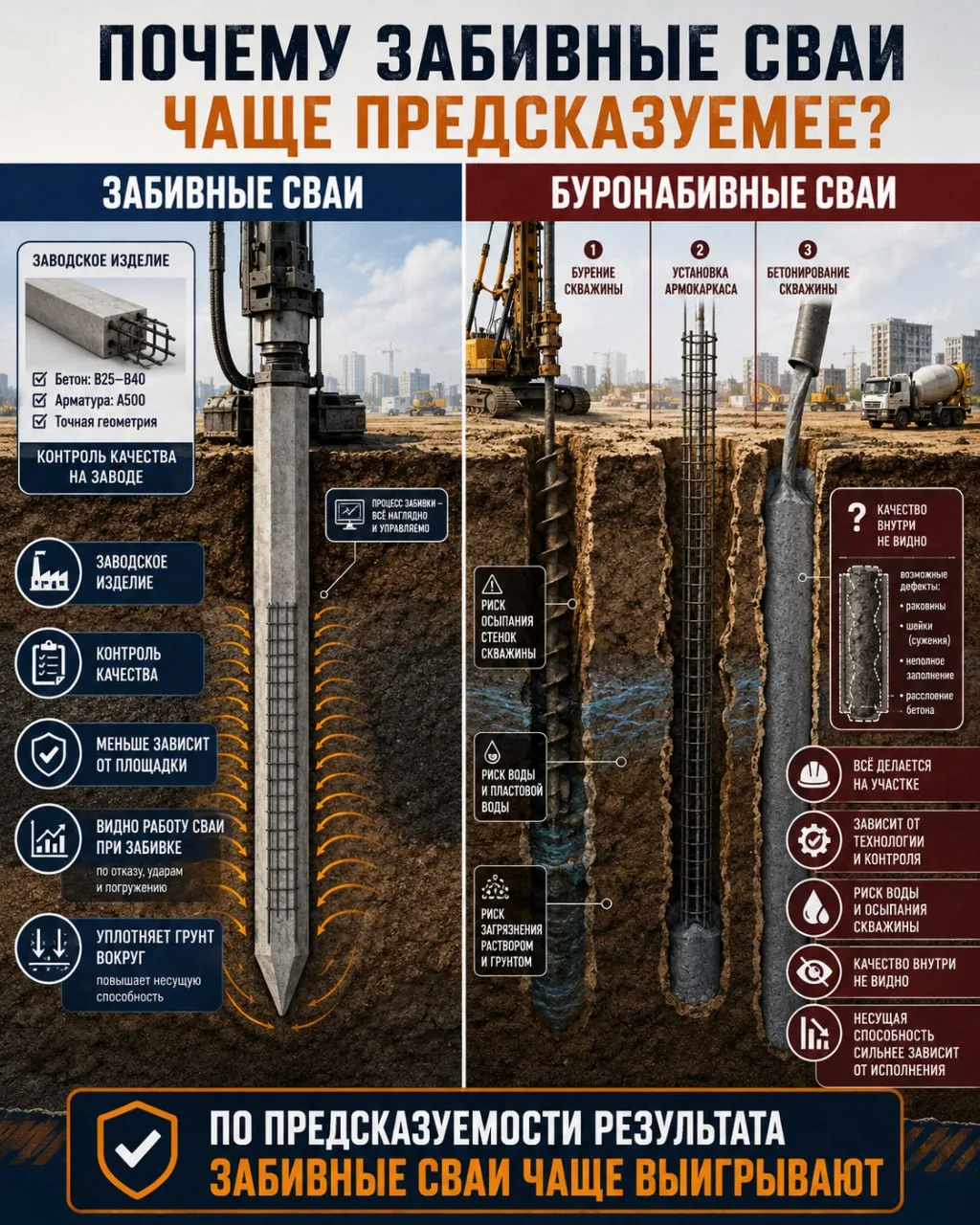 Недавно снова прилетел вопрос от заказчика: почему забивные, а не буронабивные сваи.