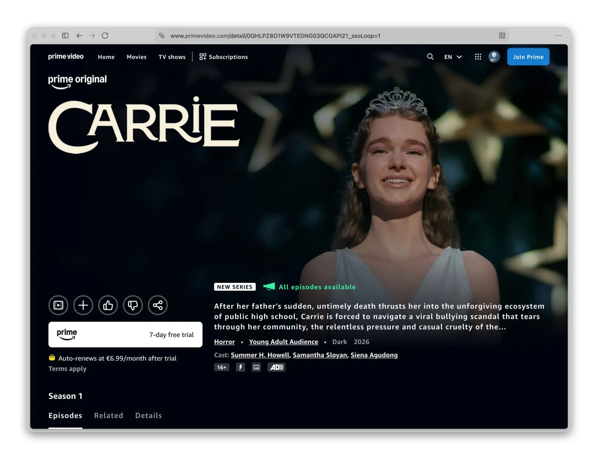 Сериал «Кэрри» от Майка Флэнагана вышел — все 8 серий уже доступны на Amazon Prime.
