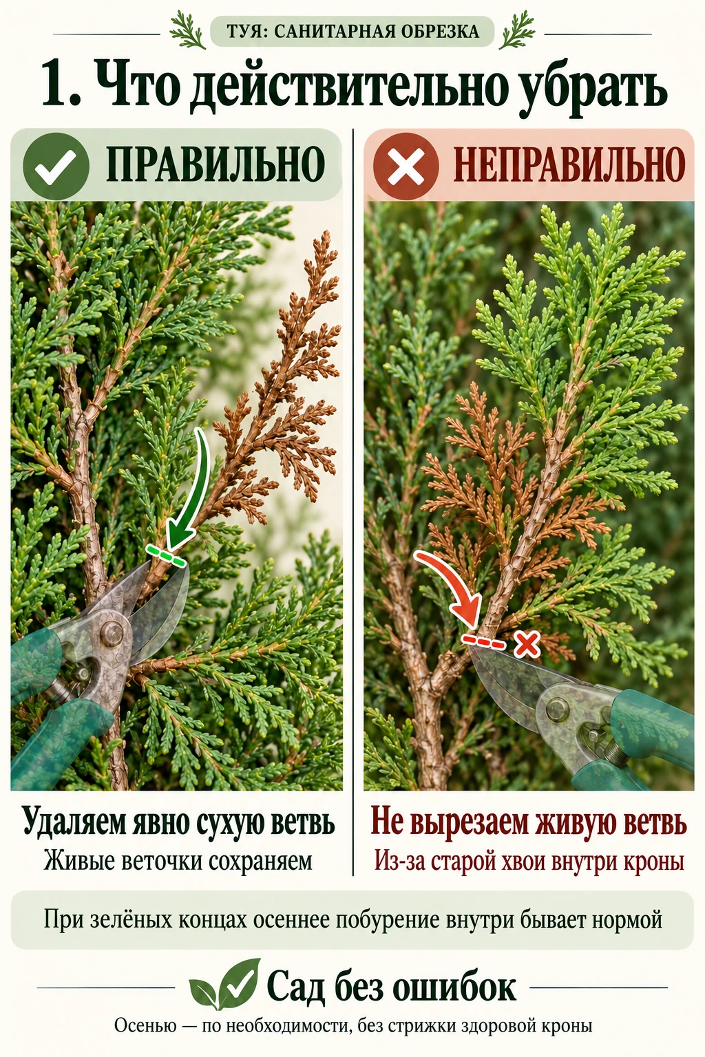 🌿 Туя осенью: убираем лишнее, а не стрижём всё подряд