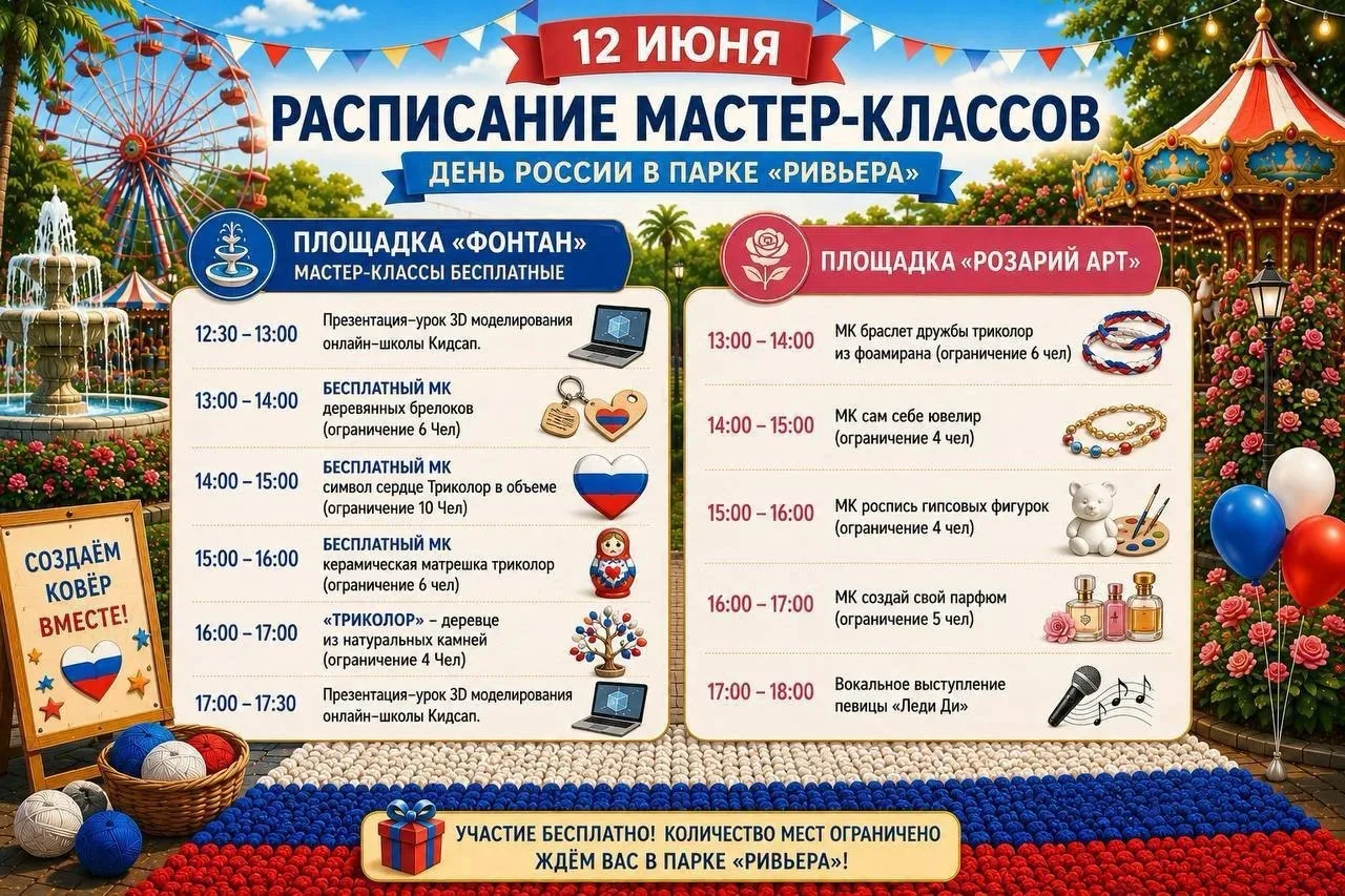 Программа мероприятий в парке «Ривьера» ко Дню России 

📅 11–12 июня
⏰ 11:00–20:00
📍 Парк «Ривьера