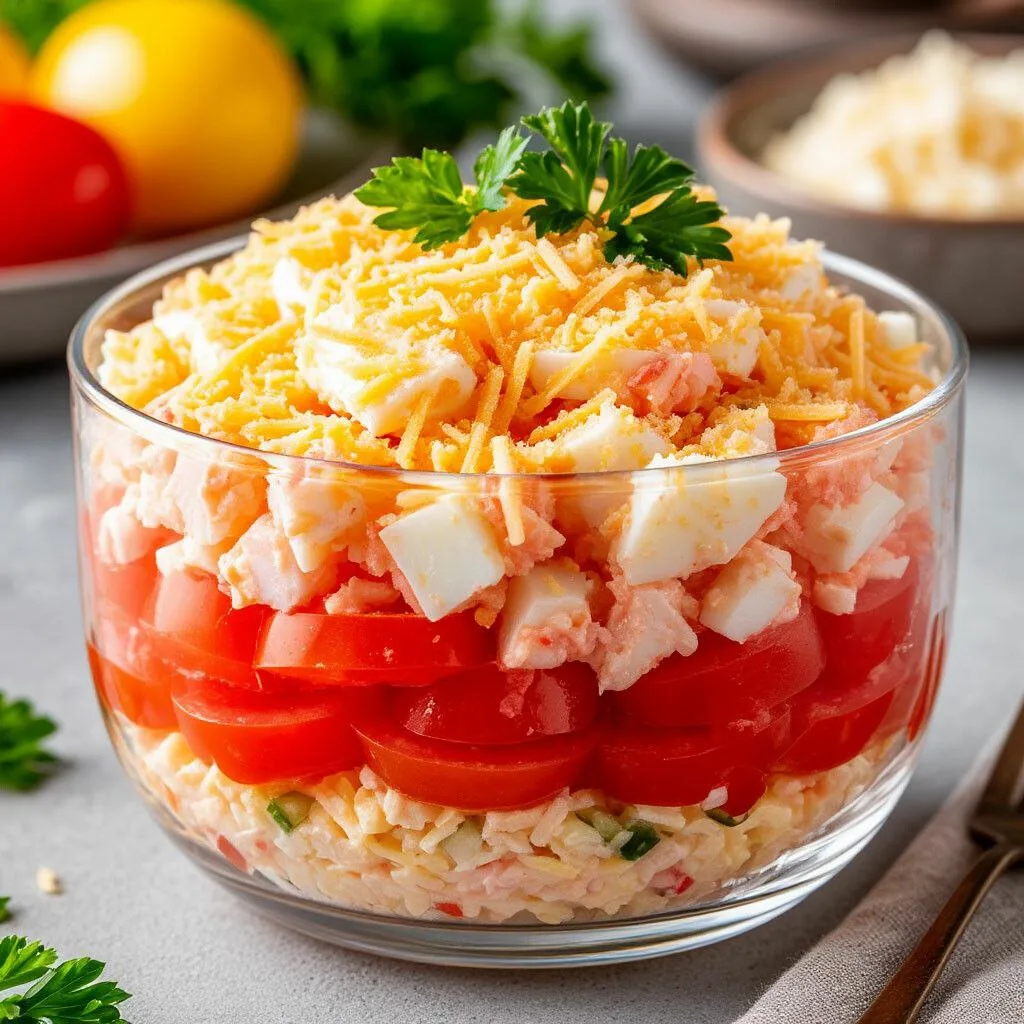 Слоеный салат с крабовыми палочками