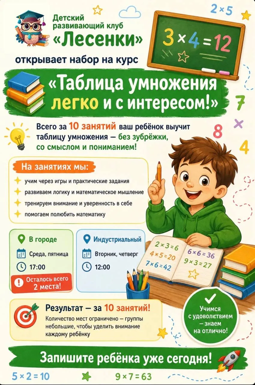 В детском клубе «Лесенки» открыт набор на курс «Таблица умножения за 10 занятий»