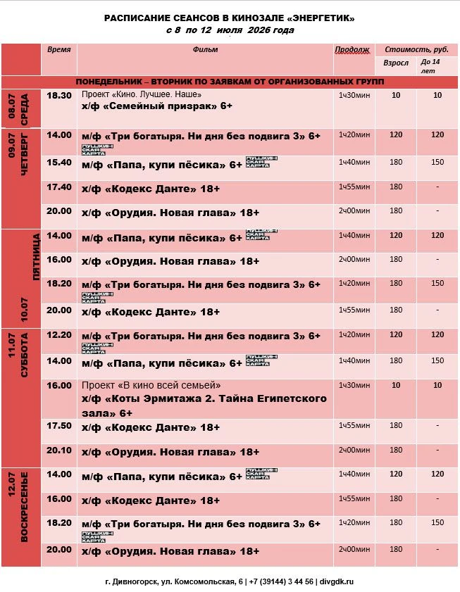 Расписание сеансов с 7 по 12 июля