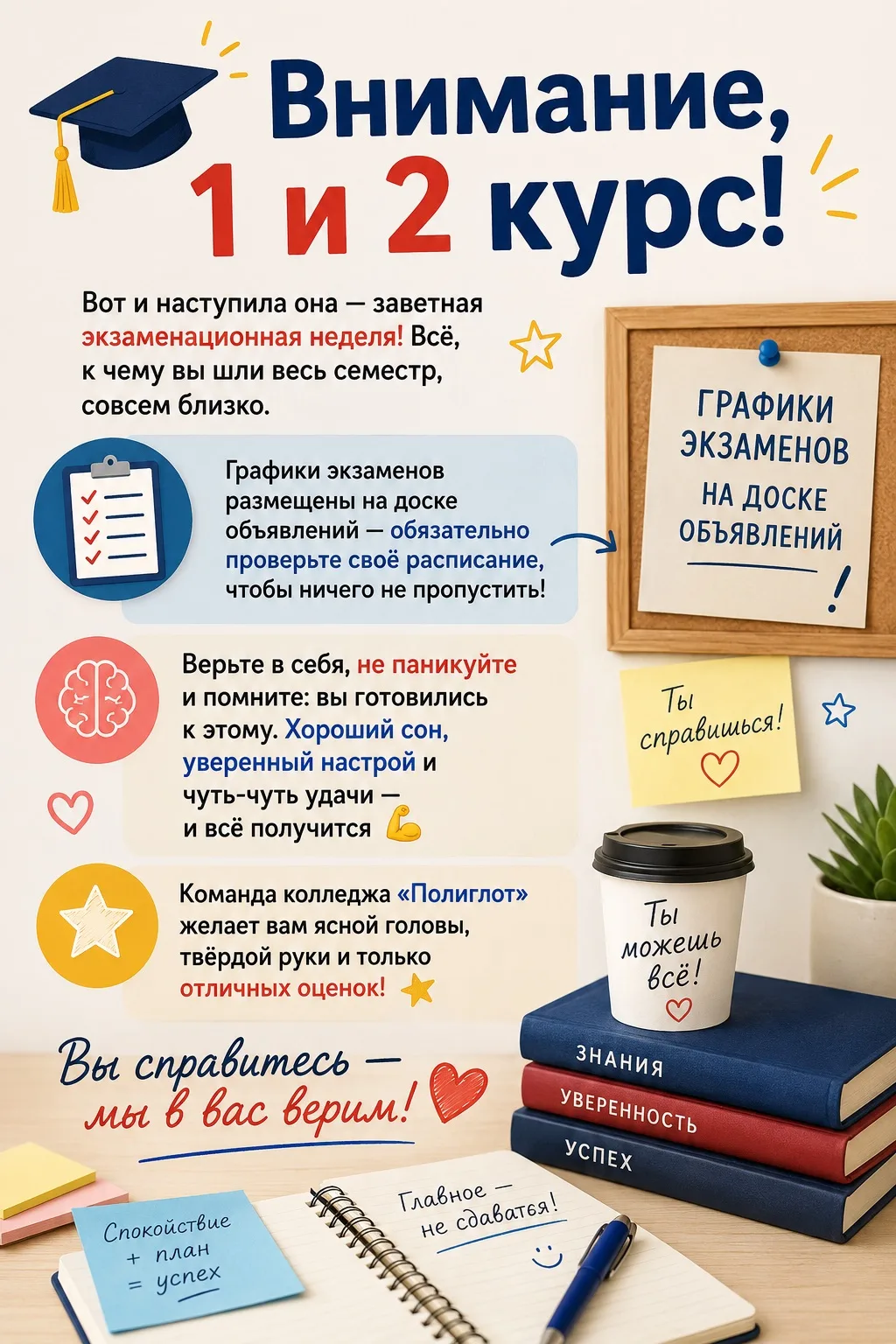 🎓 Внимание, 1 и 2 курс!

📋 Графики экзаменов размещены на доске объявлений - обязательно проверьте
