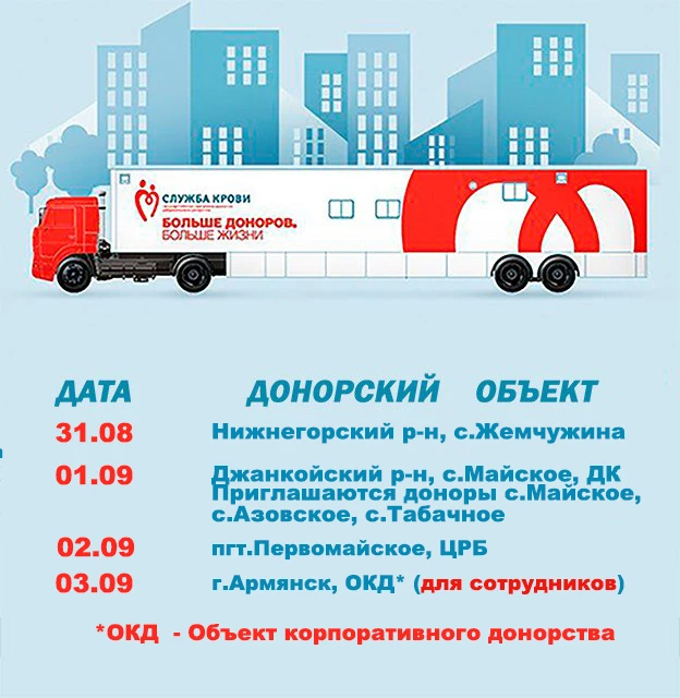 👉🏻 Центр крови размещает график выездов выездной бригады с 31.08.2026 г. по 04.09.202...