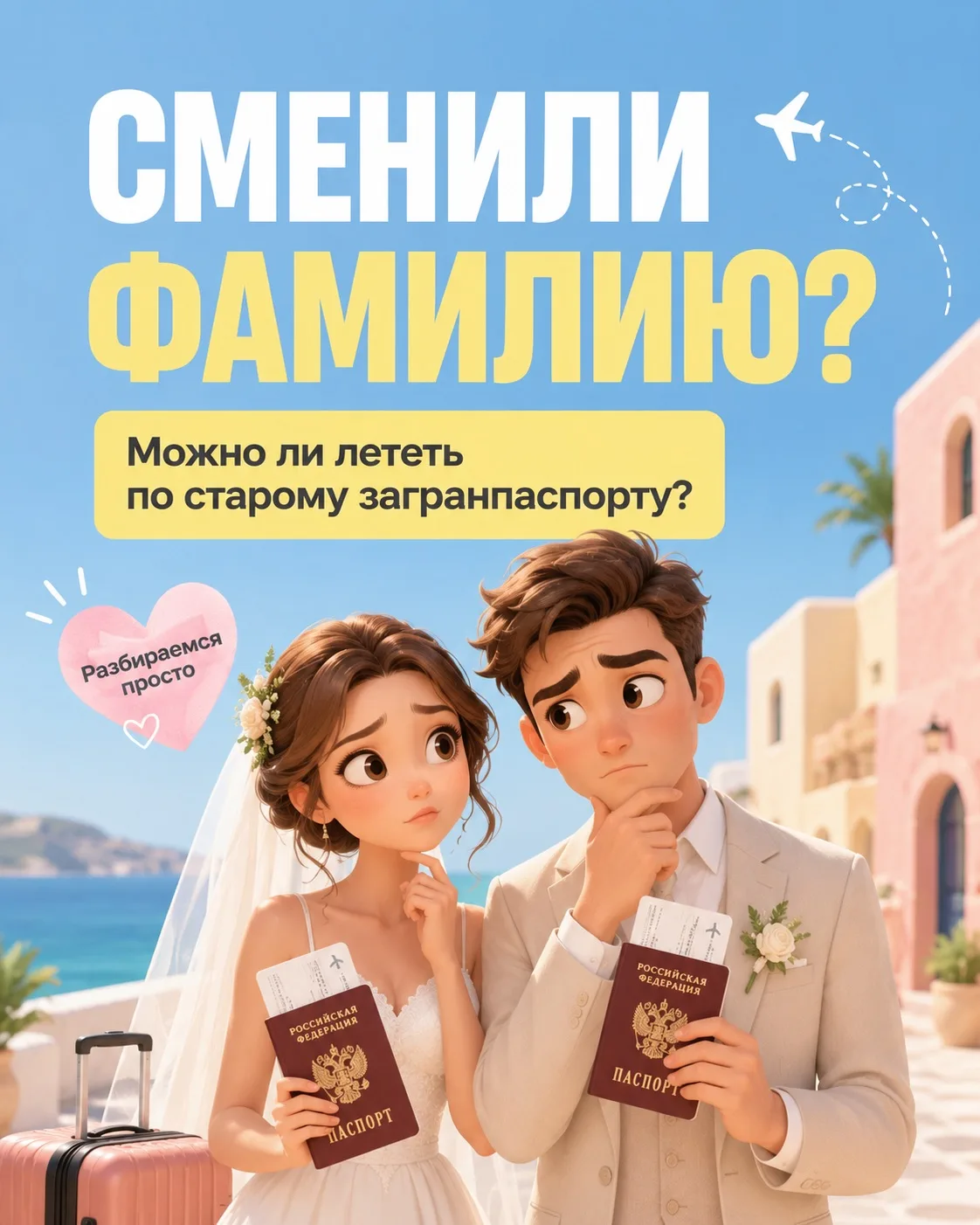 👰‍♀️✈️ Сменили фамилию после свадьбы: можно ли лететь по старому загранпаспорту?

Да, можно — в теч
