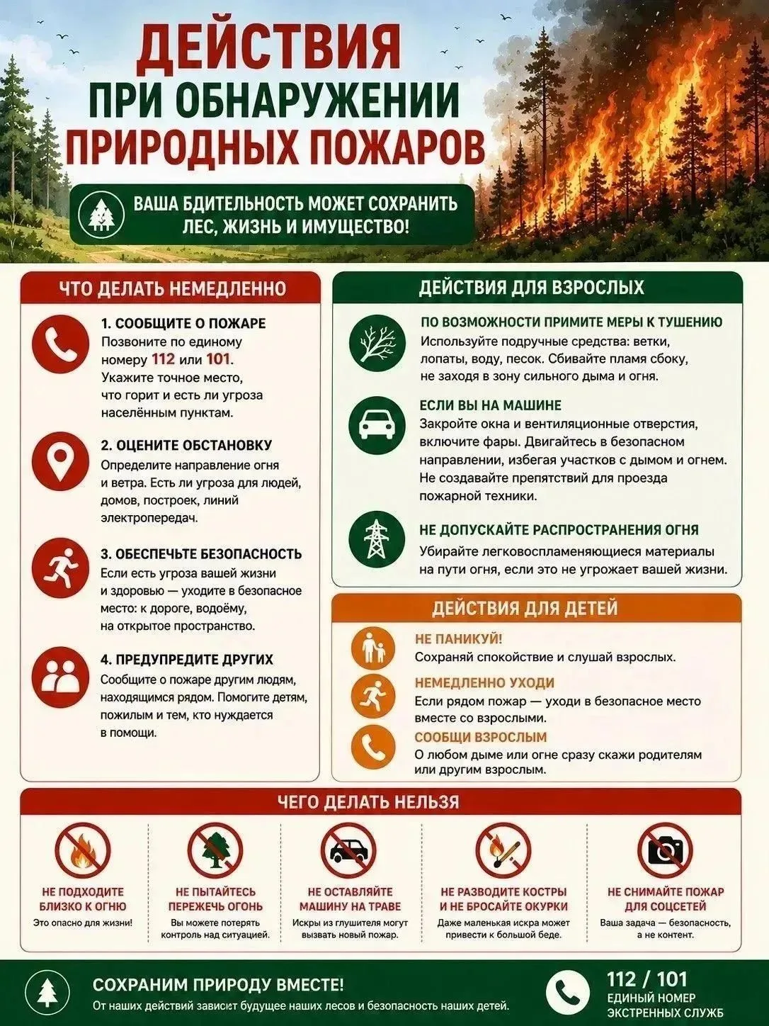 🔥 Действия при обнаружении природного пожара

Природный пожар распространяется очень быстро и может